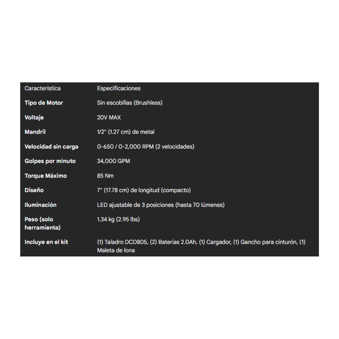KIT DE TALADRO DE MARTILLO DESTORNILLADOR DCD805D2