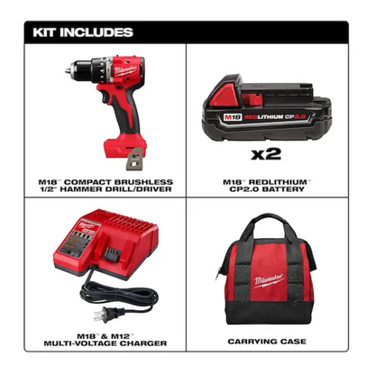 KIT DE TALADRO PERCUTOR/DESTORNILLADOR COMPACTO SIN ESCOBILLAS M18 DE 1/2" 3602-22CT